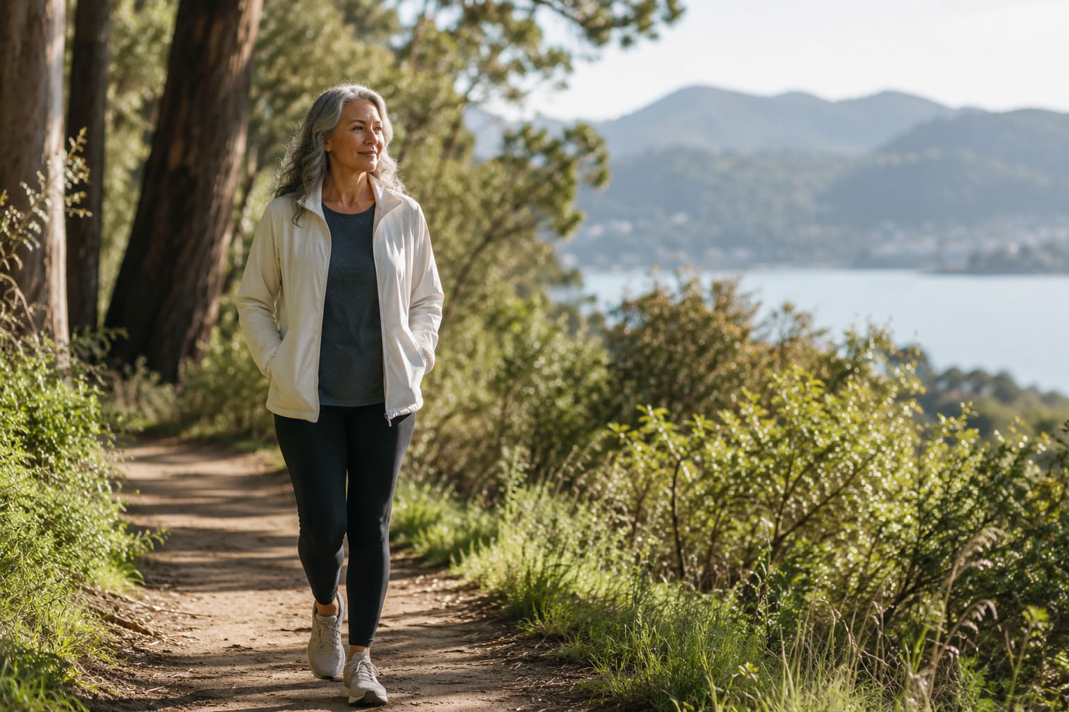 A woman walking a quiet outdoor trail, finding a calm moment during cancer care